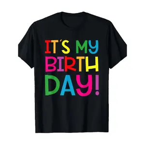 Black Background Birthday Party Shirt with Colorful Text (It'S My Birthday!) Regular Fit T-Shirt for Adults, Men, And Women, Perfect for Birthday Celebrations, Casual Attire, Machine Washable, Fashion Boutique T-Shirt, Casual Wear, Pattern Print