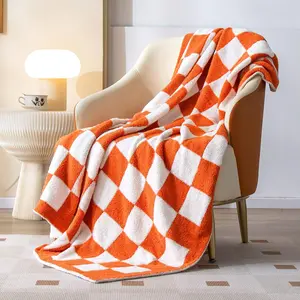 CheckeredThrow Blanket, Soft Fluffy Microfiber Knit Throw Blanket for Couch Bed, Warm Cozy Reversible Checkerboard Knitted Blanket Room Decor(Burnt Orange, 51"x63")