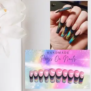 Black Rainbow Cateye French 10 PCS Handmade Acrylic Press On Nails - High-Quality, Available in Various Shapes, Sizes