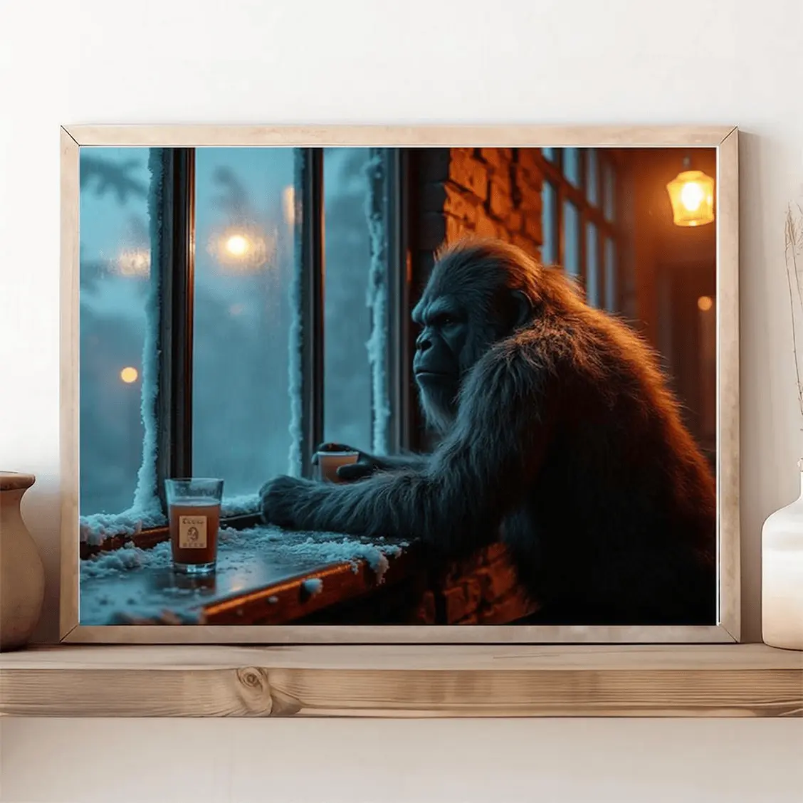 Vintage Sasquatch Light One Up And Drink Beer Poster, Funny Bigfoot Fishing Art Print, Cabin Bar Wall Art Decor, Unique Gift For Men Hunters Fashion Editorial Poster