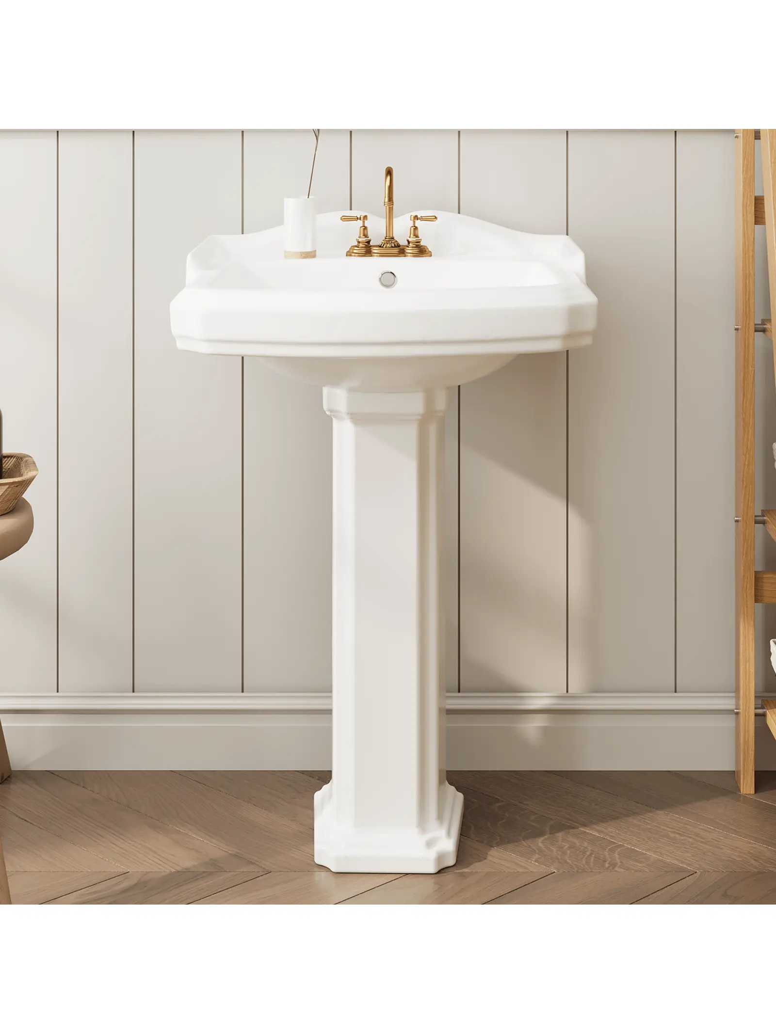 【Christmas Gift】Bathroom Pedestal Sinks,Pedestal Sink 23" W X 19" D Vintage White Ceramic Pedestal Bathroom Sink With Overflow And 3 Pre-Drilled Holes - Fits 4-Inch Faucets/Fits 8-Inch Faucets