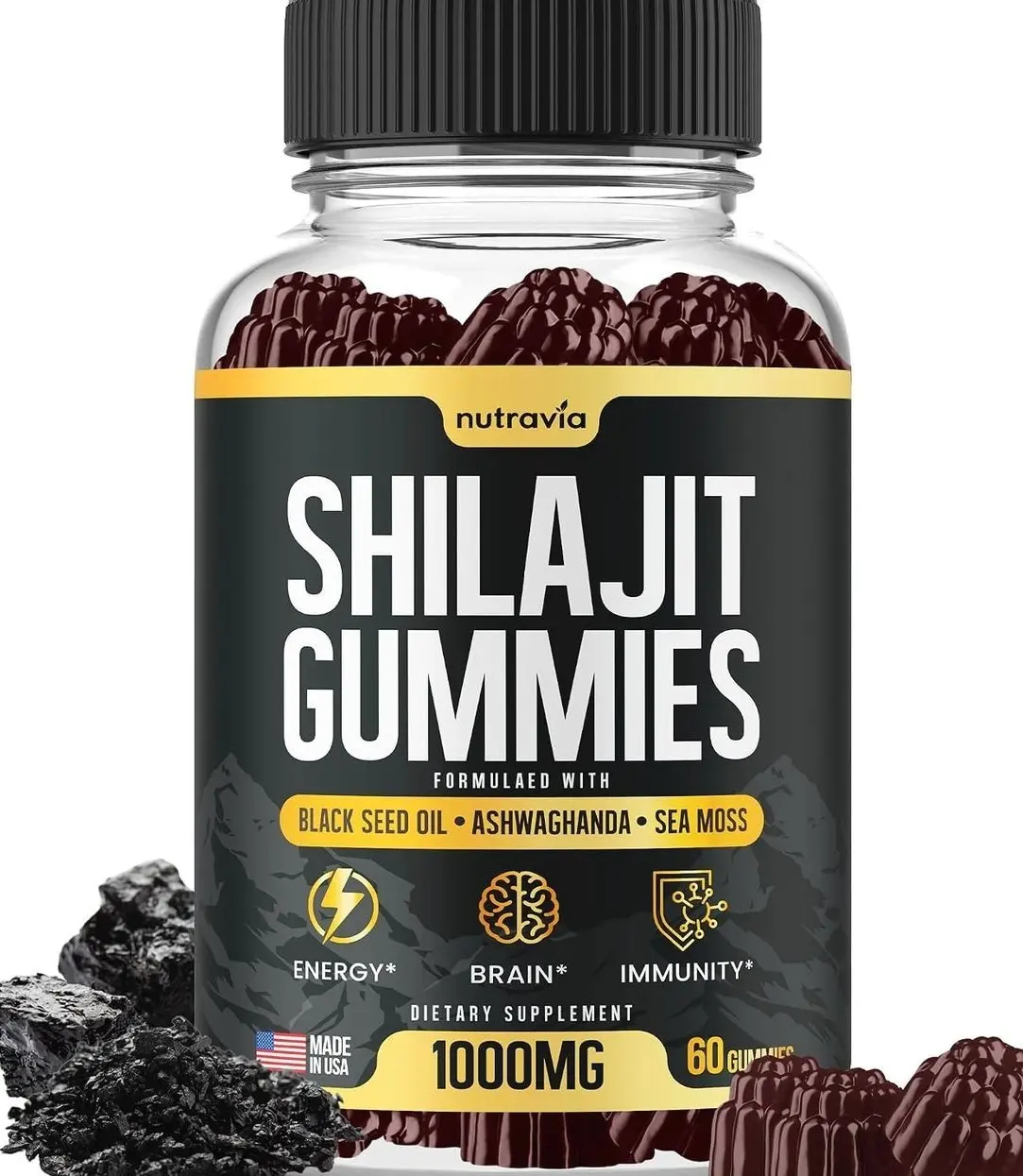 Shilajit Gummies - 3 in 1 with Sea Moss, Black Seed Oil, Ashwagandha - Natural Formula Shilajit Supplement 85+ Trace Minerals, Pure Himalayan Shilajit Gold Gomitas De Shilajit, USA Made (60 Gummies)