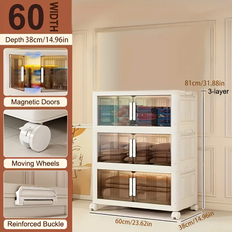 3/4 Thickened Heavy Duty Large Capacity Stackable Storage Bins, Space Saving Freestanding Folding Plastic Organizer Cabinet with Casters, Easy Assemble Storage Boxes for Home Kitchen Bathroom Bedroom Dorm Garage Office