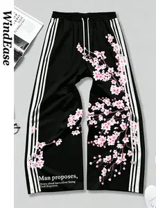 Men's Cherry Blossom Floral Print Wide Leg Sport Pants, Comfortable Loose Streetwear Long Pants, Summer Versatile Casual