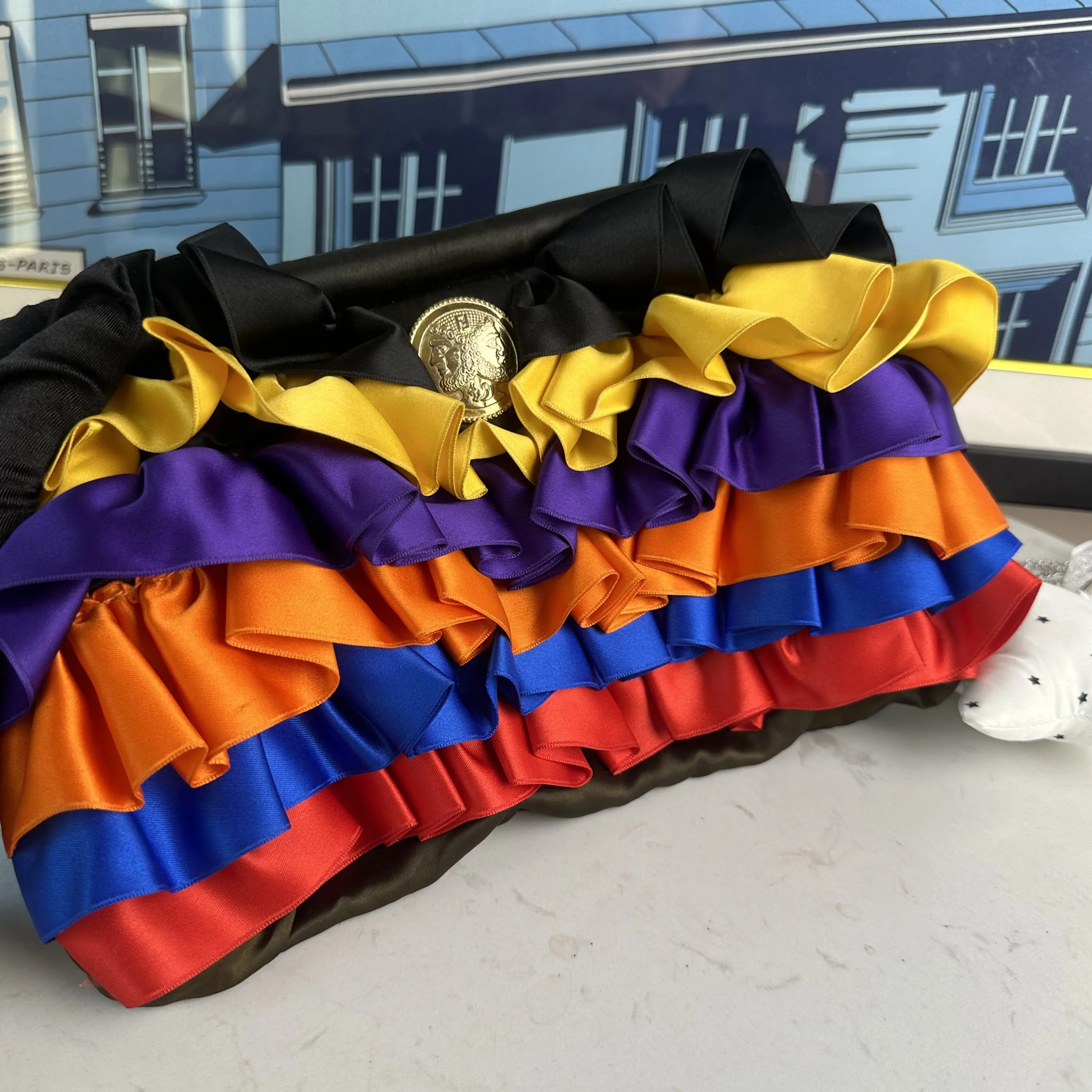Pre-owned FENDI FENDI｜Rainbow Pleated Satin Evening Clutch Bag a99