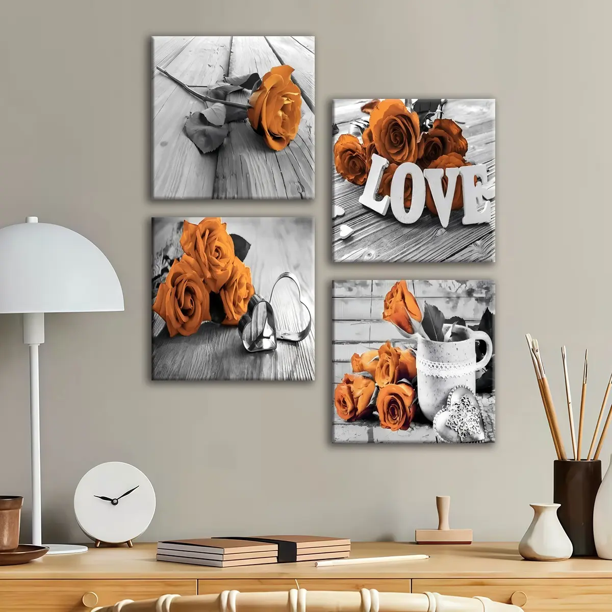 4-count wooden frame canvas, orange and black contrasting rose love four-panel decorative poster, home decoration, corridor wall hanging painting, waterproof art, Aesthetic wall decor, Rose Print, Modern Home Decoration