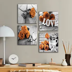 4-count wooden frame canvas, orange and black contrasting rose love four-panel decorative poster, fashionable living room and bedroom decoration, exquisite family poster, corridor wall hanging painting, waterproof art, Modern Home Decoration