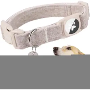 Airtag Cotton Hemp Collar, Heavy-Duty Collar with Airtag Holder Beige Natural Fabric Pet Cute Puppy Necklace for Small Medium Large Dogs