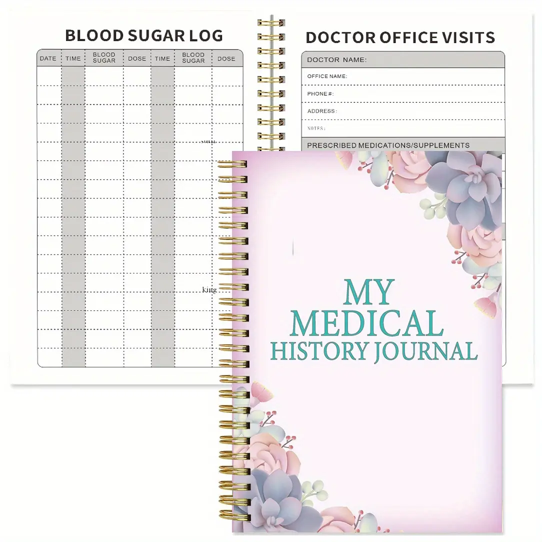 1pc disease record notebook, My Medical History Journal, doctor office visits, tracking symptoms, medications, doctor name, address, Blood sugar log, date, and vital signs, health monitoring, spiral bound notebook, health tracker, 5.5x8.3 inches
