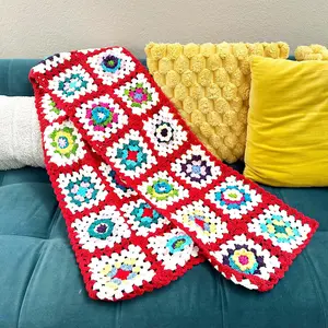 Handmade Crochet Granny Square Scarf: Burgundy & White Winter Shawl