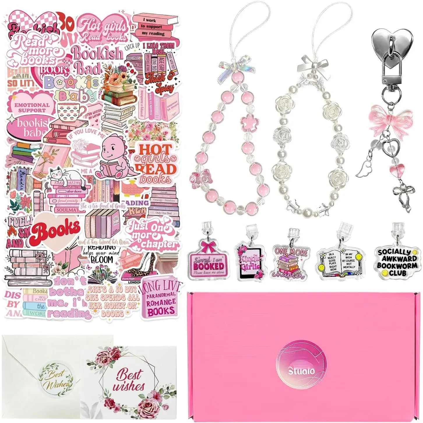 Book Lover  Set for kindle, Ideal Reading  for Mom Women, Page Turner Wrist Strap, Book Stickers for Kindle, Type C Dust Plug Charm, Cute E-reader Charm Chains for Kindle/iPad/Phone/Tablet with Greeting Card