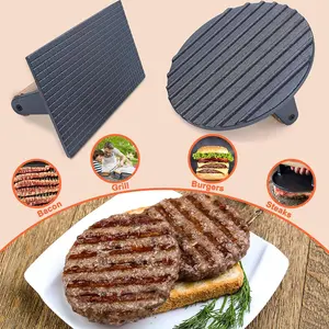 Cast Iron Bacon Press Board with Wood Handle, Rectangular/square Steak Press Plate, Pre-Seasoned BBQ Burger Press, Meat Press