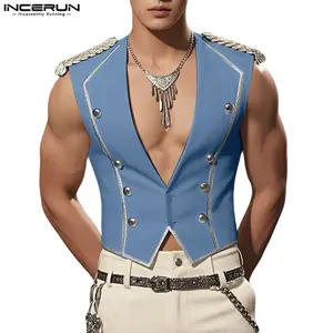 INCERUN Men's Deep V-Neck Double Breasted Sleeveless Vest, Menswear Fashion Costumes for Anime Cosplay, Stage Performance, Party Nightclub Singer (Summer)