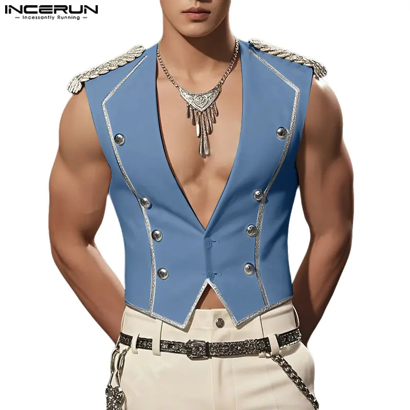 INCERUN Menswear Fashion Suit Vest, Men's Double-Breasted Deep V-Neck Top with Braided Epaulets for Party & Stage Performance, Suit Vest Tops, Fashion Apparel