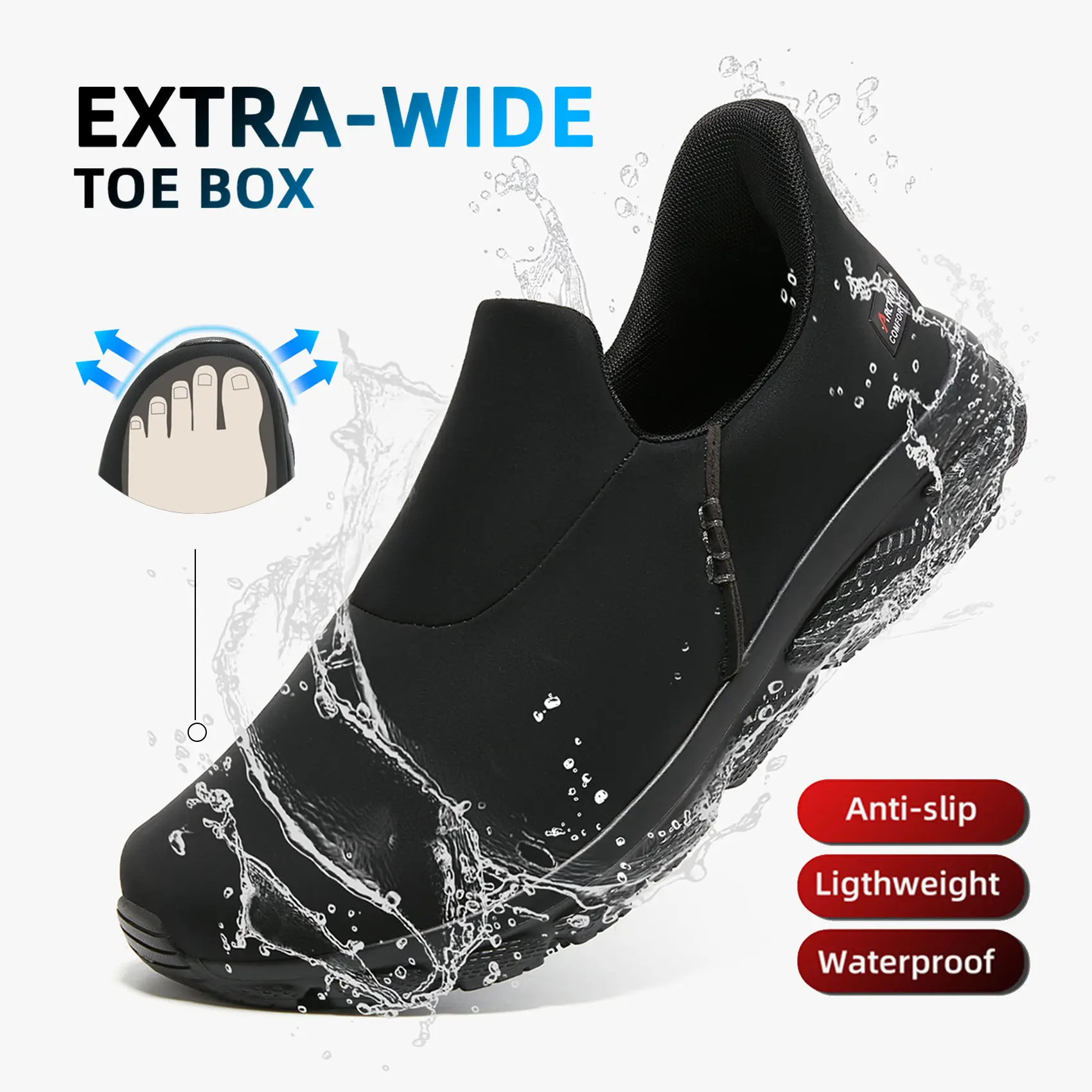 WIde Toe Water Resistant & Oil Resistant Leather Slip on Kitchen Shoes, Non Slip Work Shoes for Men and Women, Comfortable Mens Slip Resistant Chef Shoes for Restaurant Food Service, Lightweight Walking Shoes, Black, Breathable Leather Footwear