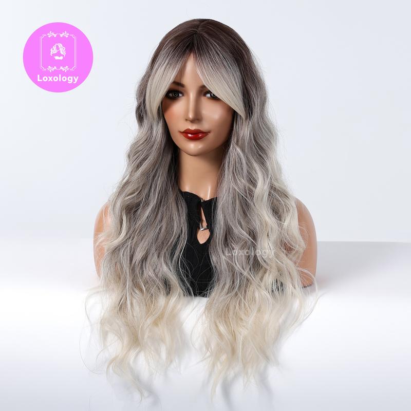 【Althea】Loxology | 28 inch Long Curly Gray Ombre Ivory Wigs with Bang and Gray Roots Synthetic Wigs for Women Daily Use Party or Cosplay Taking Photos