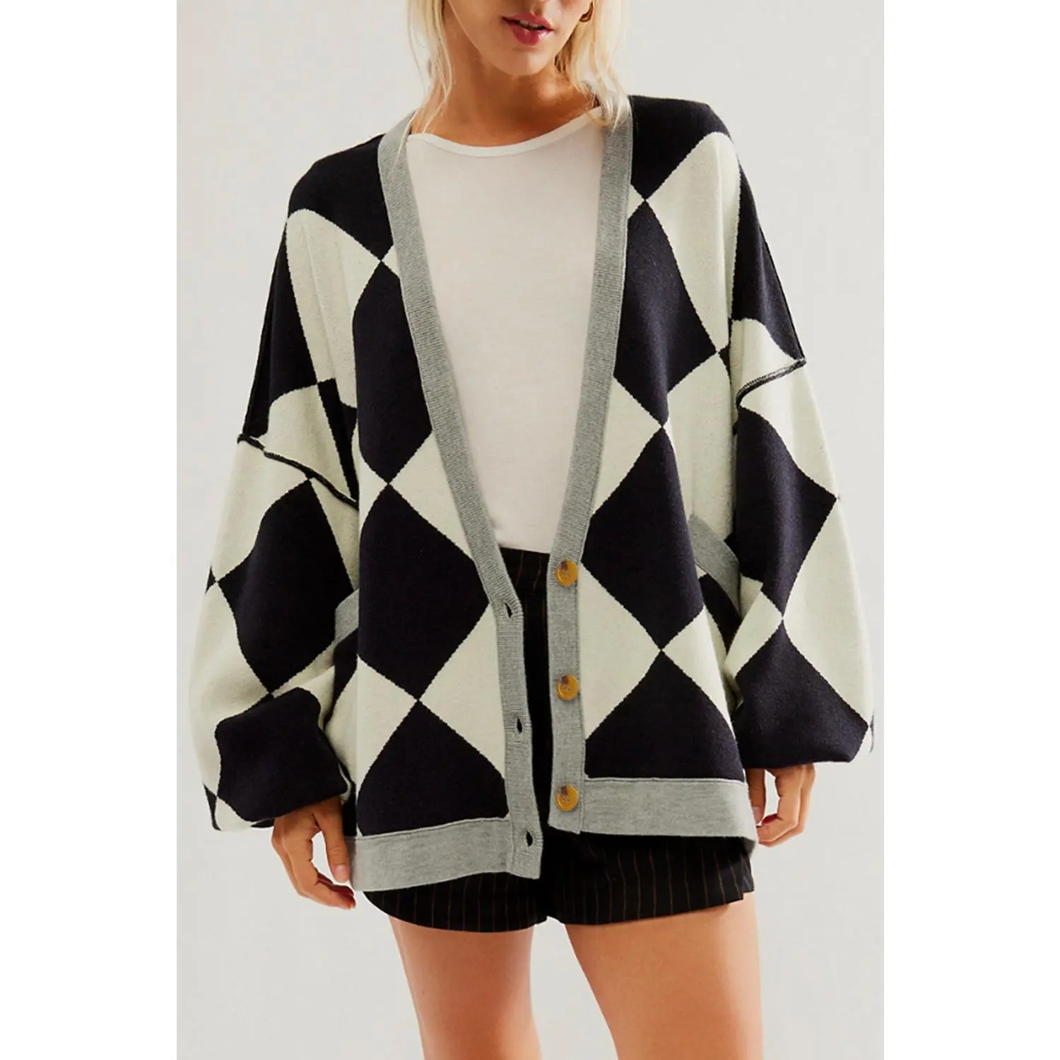 Black Colorblock Drop Shoulder Buttoned Loose Cardigan