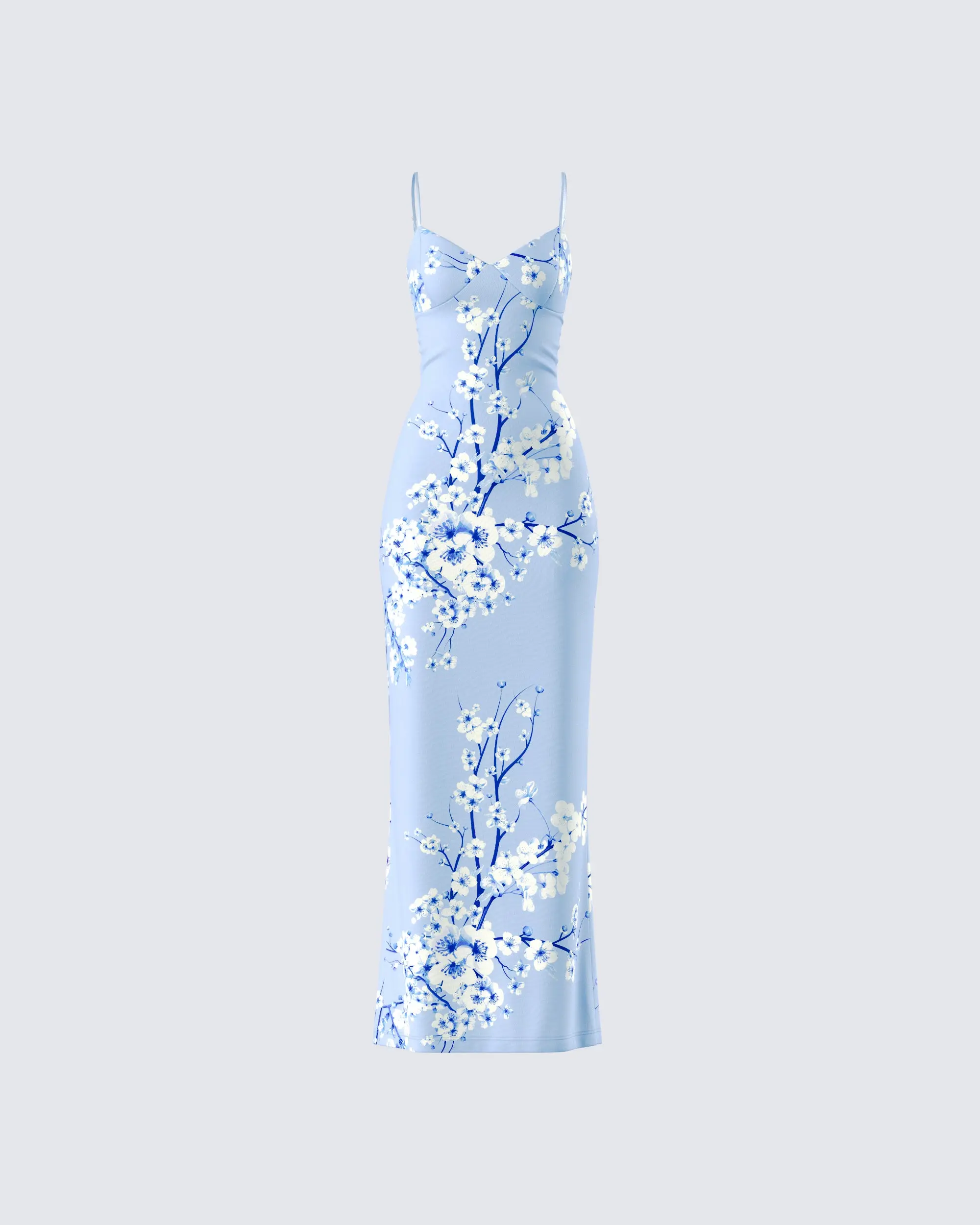 Women's Casual Polyester-Spaytex Bodycon Maxi Dress - Azura Blue Cherry Print, Sleeveless, Cowl Neck, Adjustable Spaghetti Straps, Baby-Fit, Beach Wedding Guest Option, Spandex, Beach Wedding Guest List, Floor Length, Casual Wear, Wedding Dresses Guest