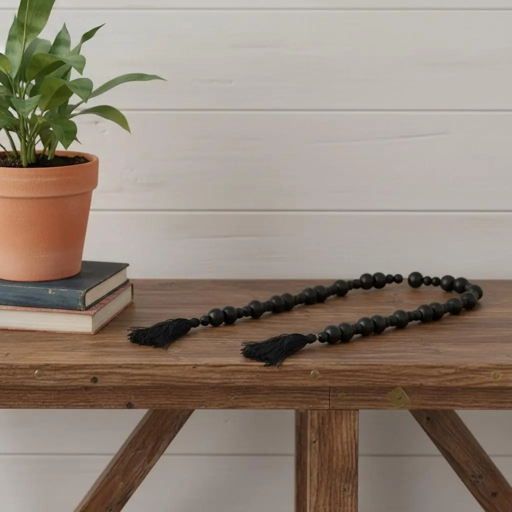 42" Black Wooden Hand-Painted Hangable Tassel Garland, Decorative Bathroom Mirror Accessory for Home Improvement Room Accessories