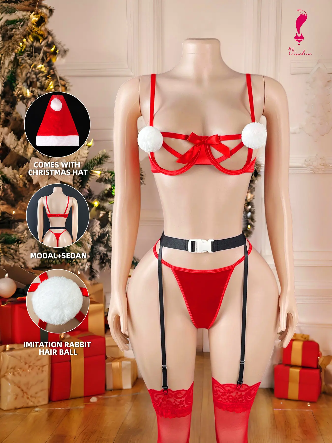 Christmas Women's Underwear Set of 6 with Santa Hat, Anti-Pilling, Elegant and Cute Design, Perfect for Festive Celebrations