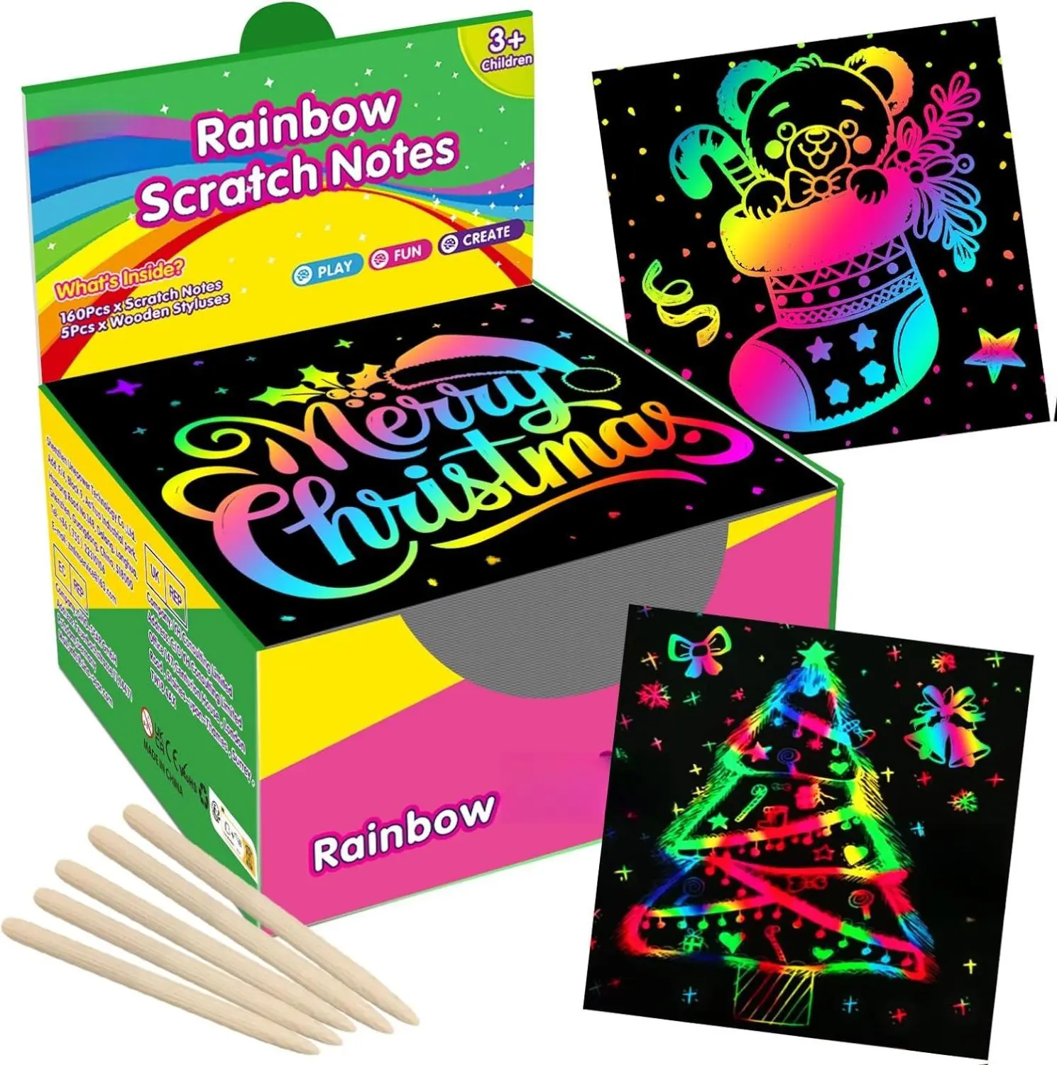 165-Pack 3.5*3.5 inch Rainbow Scratch Paper Mini Notes Art Craft Kit - PVC-Free Safe Unisex Toy, Rainbow Colors, Black Matte Surface, Learning Tool for Kids (4-10) & Teens, Classroom Prizes, School Supplies Stocking Stuffers