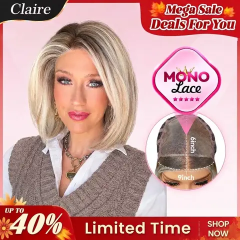 [Claire] VSIGN 10-Inch Mono Top Platinum Blonde-Honey Blonde-Balayage Chestnut Caramel Short Layered Straight Bob Dark Root Look 9×6 Snowflake Lace Premium Futura Synthetic Fiber Ear Tabs Glueless Wig for Women Everyday Wear