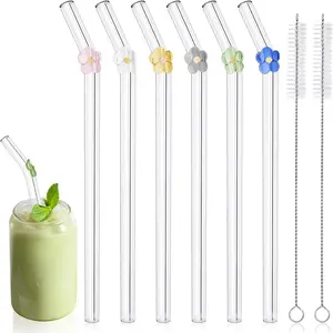 6 count  Glass Boba Straws, 8.3" x 10mm Wide Straws with Flower Charms,  Bubble  Straw, Dishwasher Safe for Tapioca Smoothies