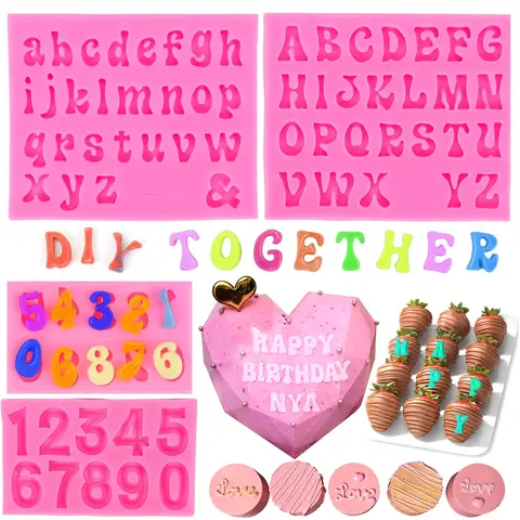 4 Pcs Letter Molds for Chocolate Covered Strawberries,Silicone Uppercase Lowercase Alphabet Number Fondant Mold for Making Candy,Gummy,Biscuit,Ice Cube Tray,Cake Decor,Christmas Party Gifts,Hand Tools Kits