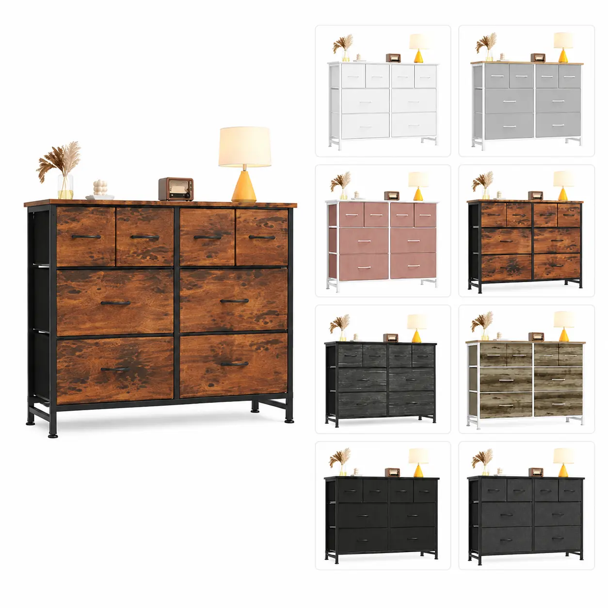 Fabric 8-Drawer Tall Storage Dresser with Wood Top Organizer Cabinet Perfect for Entryway Hallway and Living Room