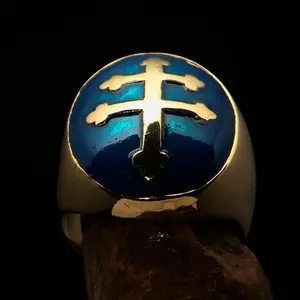 Excellent crafted oval domed Men's blue Cross Lorraine Ring - solid