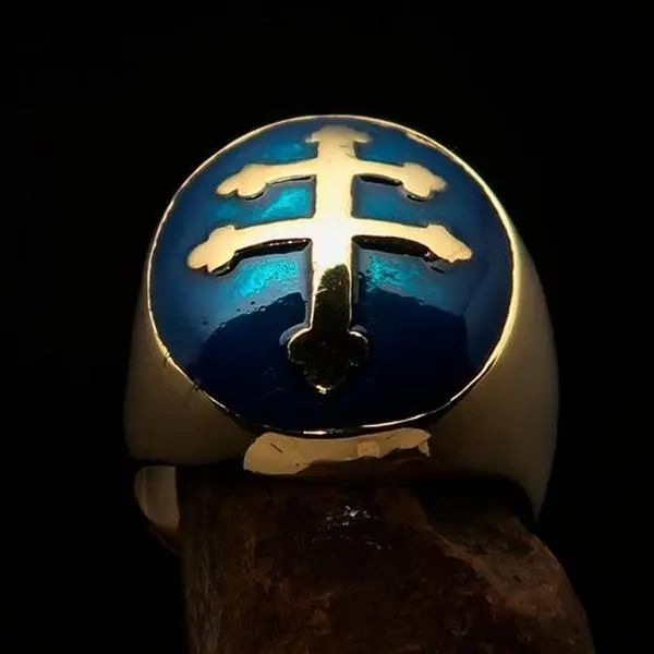 Excellent crafted oval domed Men's blue Cross Lorraine Ring - solid