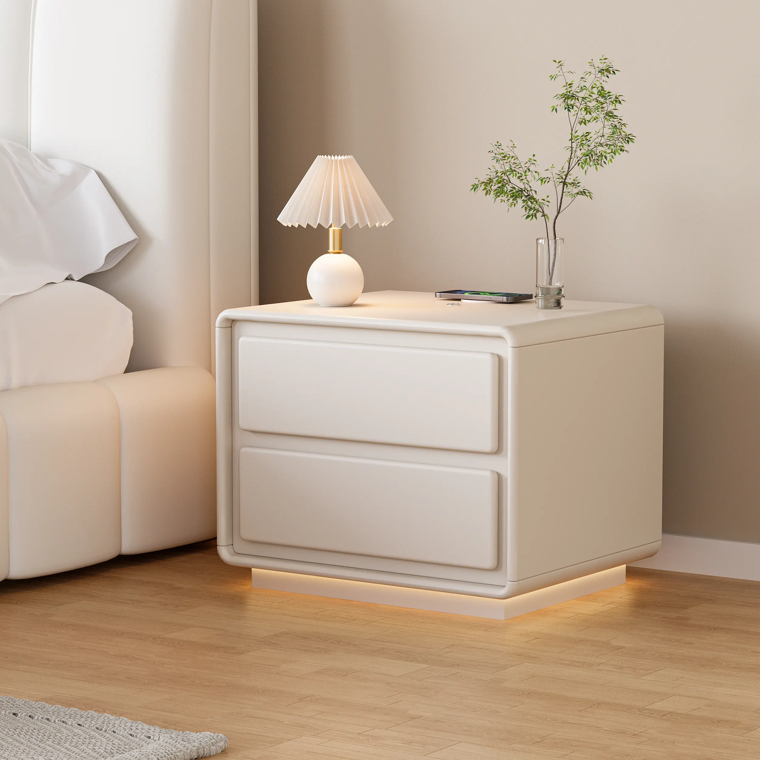 Homary Modern 2-Drawer Smart Bedroom Nightstand with LED Lights, Night Light, Charging Station, MDF Wood, 20" x 16" x 16" Rectangle Table, 38.6 lbs, Assembly Required, Aesthetic Indoor Furniture, Clean Design