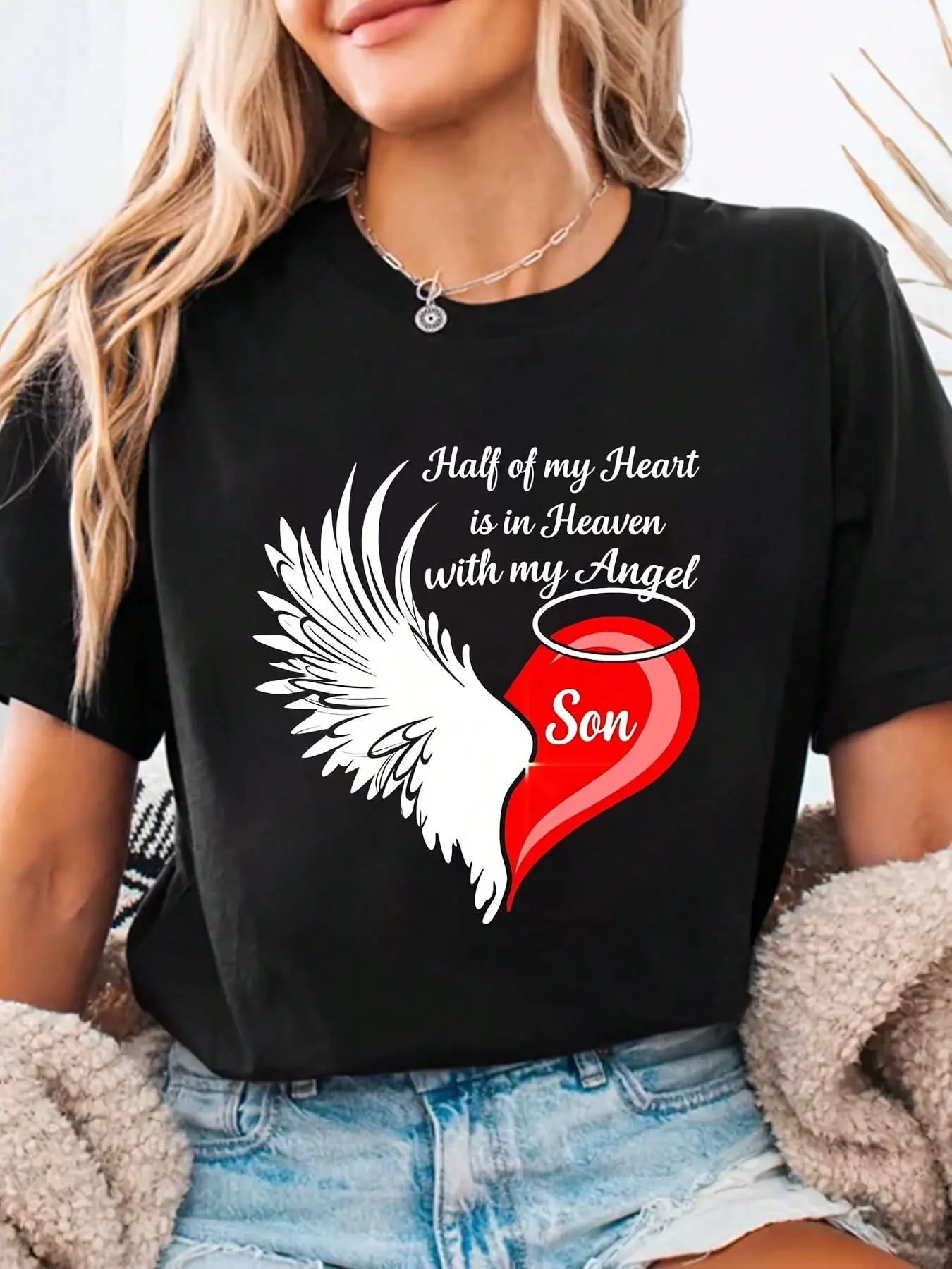 100% pure cotton Heartfelt Memorial Unisex T-Shirt, Perfect Grief Support, Loss Of Son, Memorial, Comfortable Clothing, Thoughtful Gift, Sympathy Wear Women's Casual Loose Round Neck Short Sleeve T-Shirt, Summer Fashion Top printed t-shirts for women