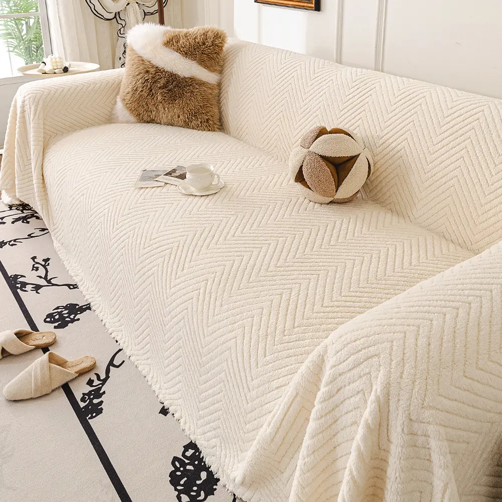 1PC Bohemian Style Leisure Sofa Cover | Classic Herringbone Pattern Sofa Slipcover - Dustproof, Scratch-Resistant & Pet-Friendly, All-Season Living Room Decorative Sofa Protector, Fits 1/2/3/4 Seater Sofas, Machine Washable