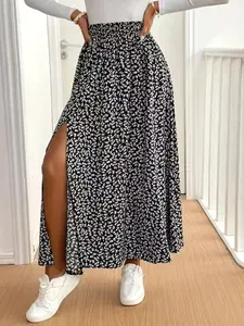 Women's Shein French Style Slit Skirt, Full Floral Design, Fashion Trendy Women's Clothing, Loose-Fitting Midi Skirt, Boho Style