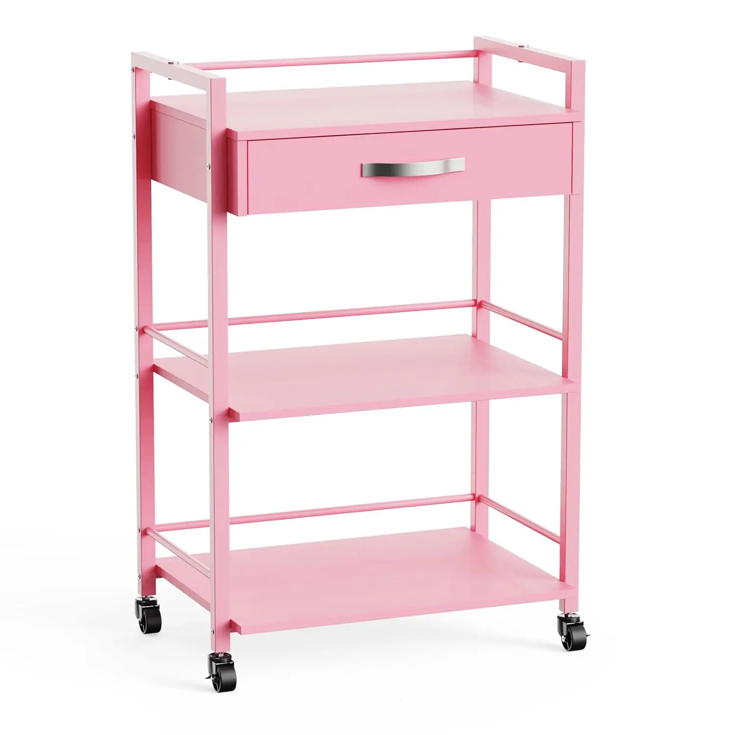 OmySalon Mobile Salon Rolling Cart - Plastic/Metal DIY Assembly Utility Cart with 1 Drawer, 2 Trays, Racks, Dual-Shelf Double Compartments for Beauty Spa Estheticians, Diy Assembly Utility Carts