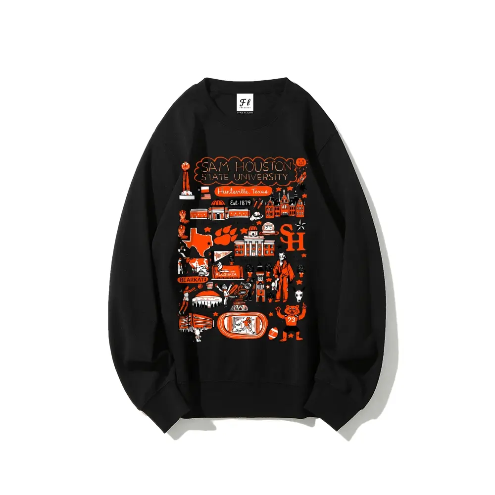 Women's SHSU Bearkats Retro Doodle Art Graphic Crewneck Sweatshirt - Sam Houston State University Cotton Longsleeves Round Neck Comfortable Style, Huntsville Texas Alumni College Spirit Gift, Unisex Casual White Printed Top