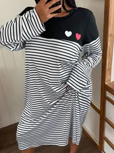 Women's Plus Size Long Sleeve Fitted Sleepwear Set, Striped & Heart Print Design, Casual Comfortable Nightwear, Ideal for All Seasons