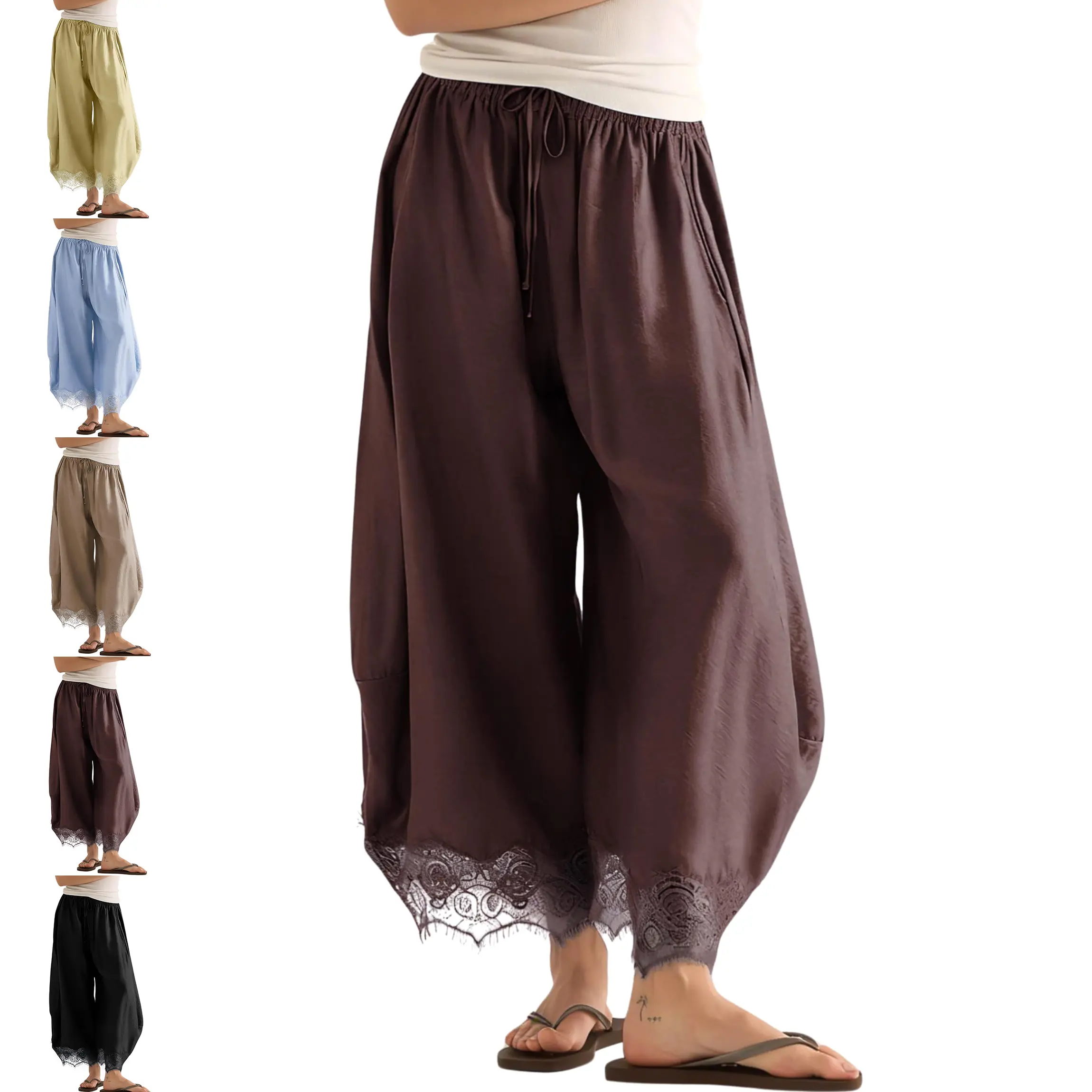 Buenoble Women’s Lace Hem Balloon Pants, Lightweight Rayon Casual Wide Leg Pants with Elastic Waist & Pockets