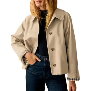 Womens Cropped Trench Coat Casual Oversized Button Down Long Sleeve Lapel Jacket Coats
