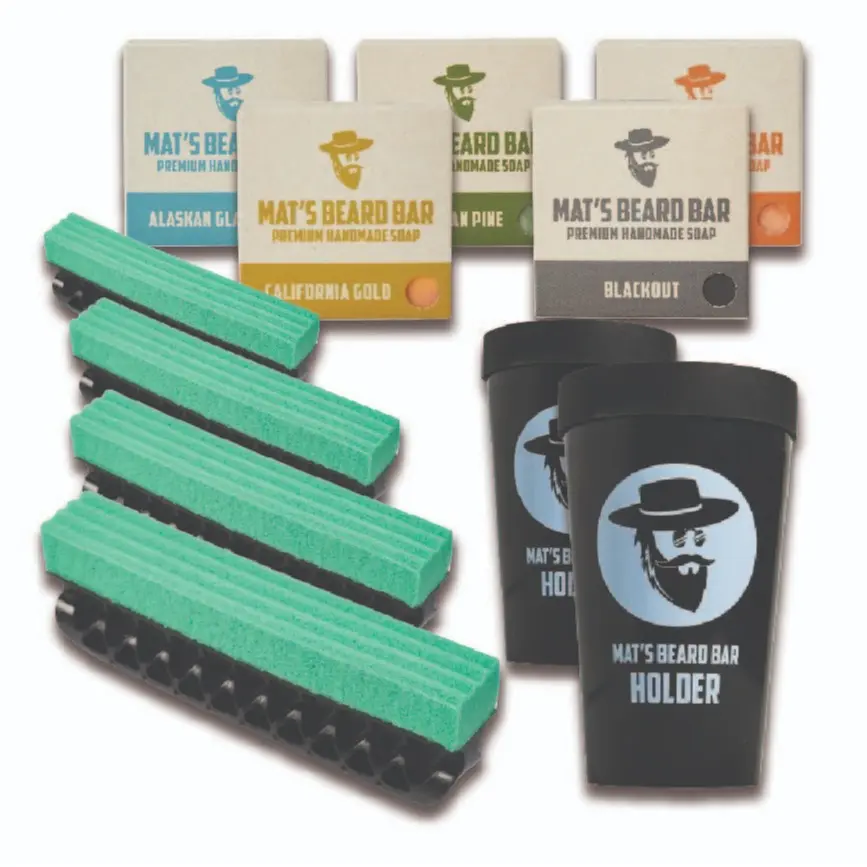 Mat's Beard Bar - Family Bundle - Beard Bar Pro v2.0 (4 count), Beard Bar Pro v2.0 Holder (2 count), Full Set Premium Bar Soap (5 count) - FLEXIBLE - Clean Up Beard Trimmings from Sinks and Countertops After Shaving - Best Gifts for Men