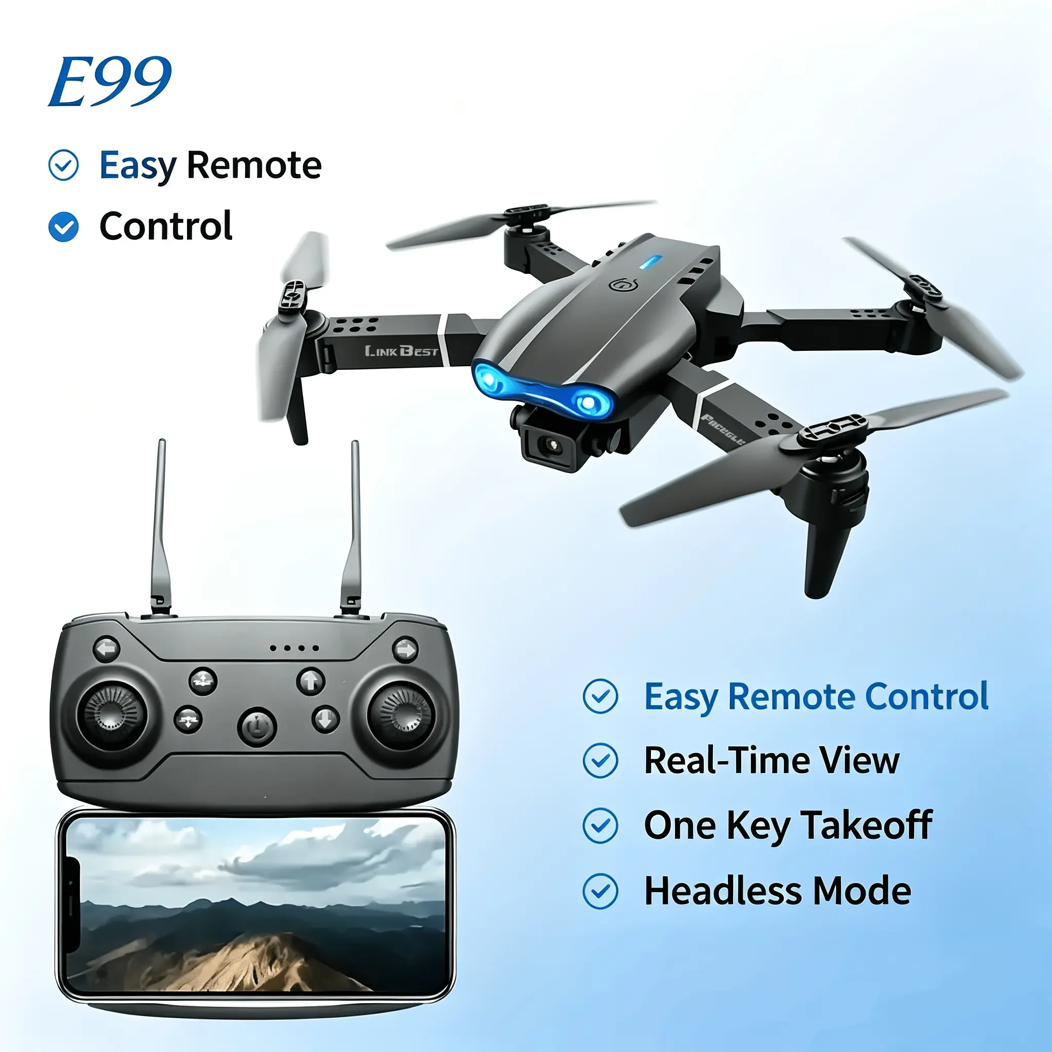 E99 Foldable Remote Control Drone with Camera - 480p Video, WIFI Stream, WIFI Image Transmission, Altitude Hold, Headless Mode Quadcopter, Beginner-Friendly, Folded Compact for Adult Outdoor Use