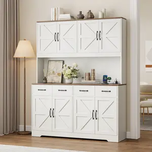 FUSOU 71" Tall Freestanding Floor Pantry Cabinet with Charging Station, 2-Package Shipping, 55" Wide Modern Storage with Adjustable Shelves, 4 Drawers, 6 Barn Doors & Open Countertop for Kitchen, Dining Room, White, Freestanding Floor Cabinets