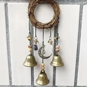 Classic Hanging Retro Witch Bells for Door Knob - Bronze Magical Wind Chimes with Wood Beads, Crystal Quartz Pendant, 3.14in Handmade Rattan Ring, 9.8in Alloy Rope - Home Protection Witchcraft Decoration, Boxed Wedding Gift