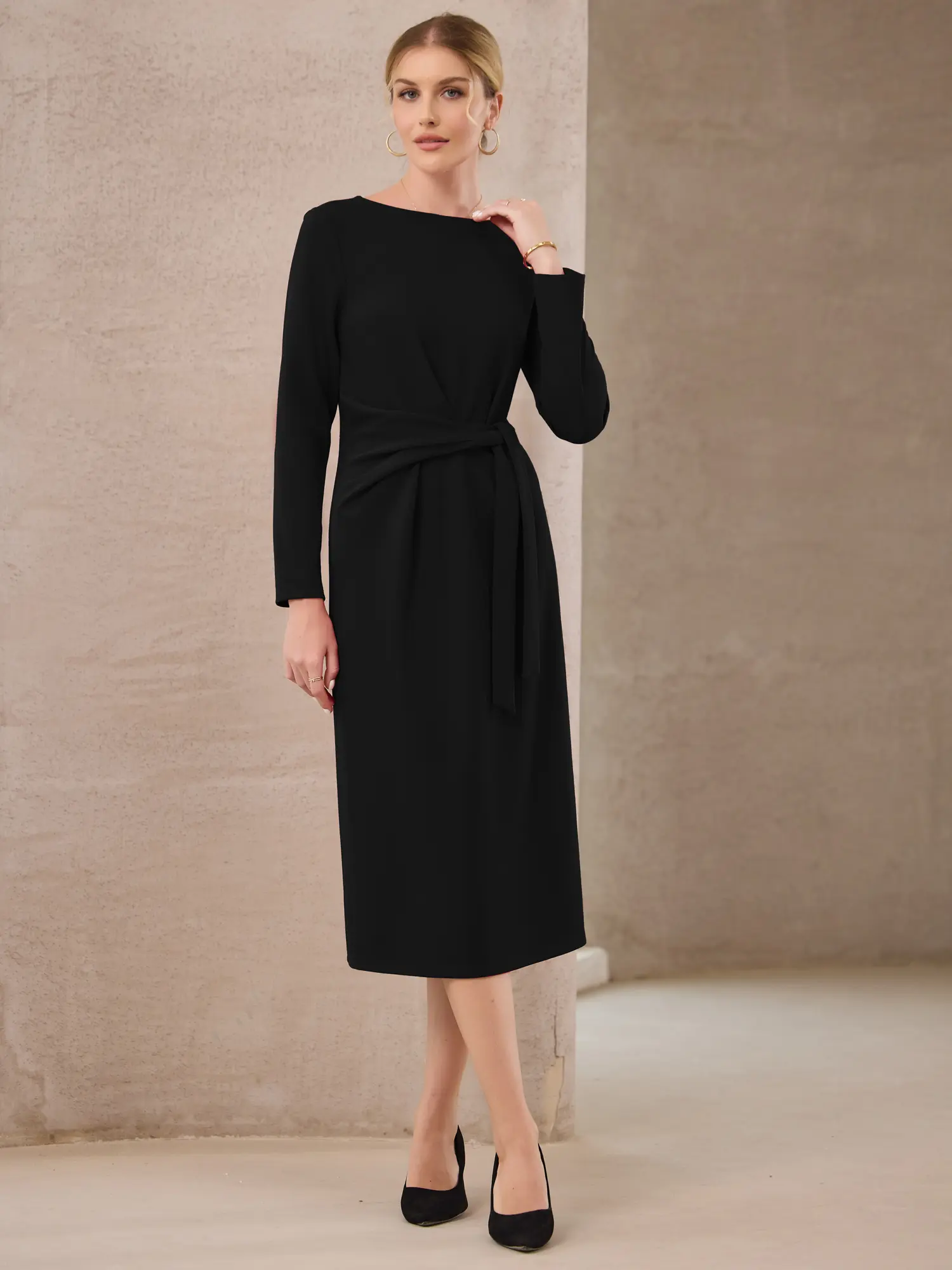 INSPIRE CHIC Women's Knee Length Pencil Dress Long Sleeve Tie Waist Church Work Sheath Dresses