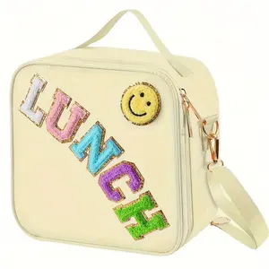 Insulated Durable Lunch Bag With Adjustable Strap, Nylon Preppy Lunch Box Backpack For School Travel, Chenille Letter Patch Decorative Bag For Picnic