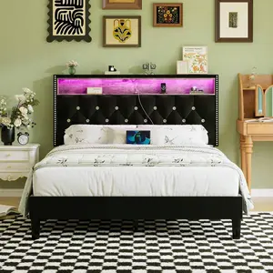 LED Bed Frame With Storage Shelf Headboard, Velvet Upholstered Bed Frame With Charging Station, Modern Bed Frame With Diamond Tufted Headboard, No Box Spring Needed, White/ Black, Full/ Queen/ King  (USB LED Strip)