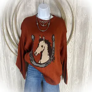 Oversized Western Horseshoe & Horse Head Sweater | Burnt Orange