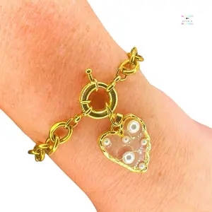 Faux Pearl Heart Charm Gold Chunky Bracelet / Gold Plated Stainless Steel Bracelet / Fashion Jewelry / Inlaid Faux Pearl Heart design  Charm Bracelet