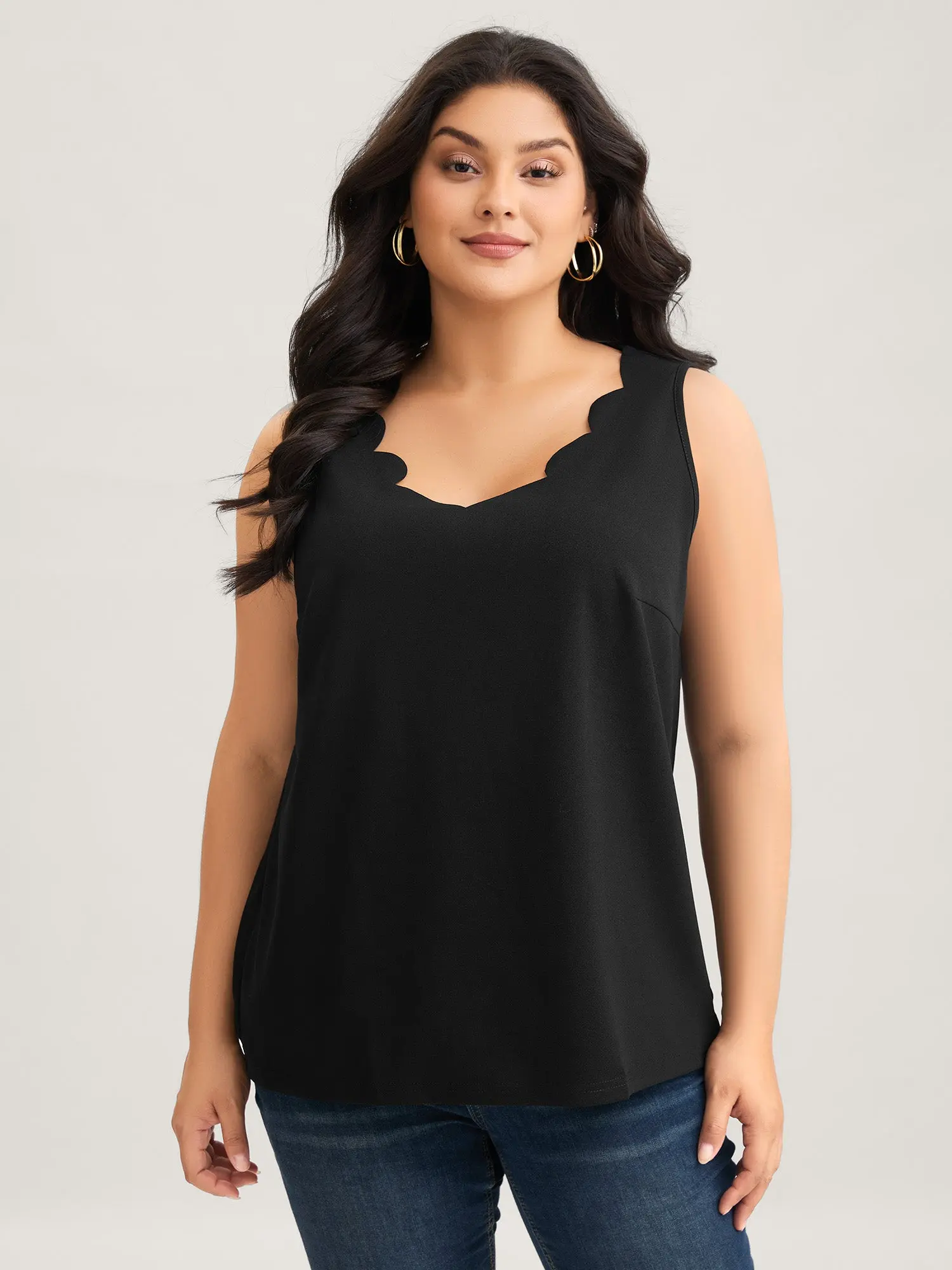 BLOOMCHIC Women's Plus-Size Solid V-Neck Laser Cut Tank Top - Sleeveless Fitted Elegant Everyday Wear, Medium-Stretch Polyester-Spandex Blend, Brown/Black, Basic Minimalist, Arm Freedom, 2026 Summer Vibes,Plus Size Tops,summerwi Womenswear Vneck